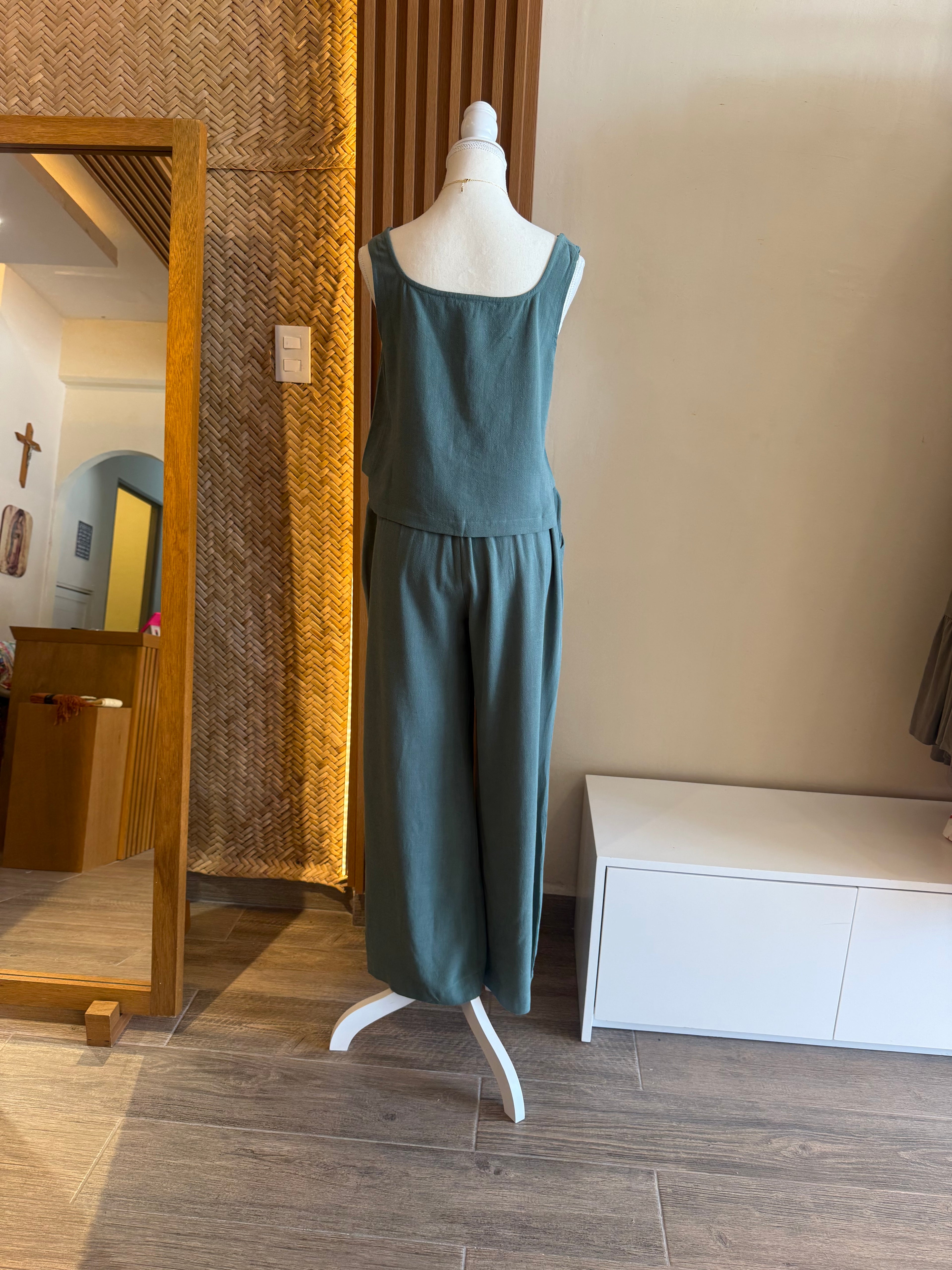 Set sin manga verde blusa pantalón