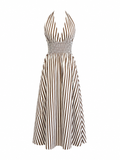 Vestido halter de rayas café con crema
