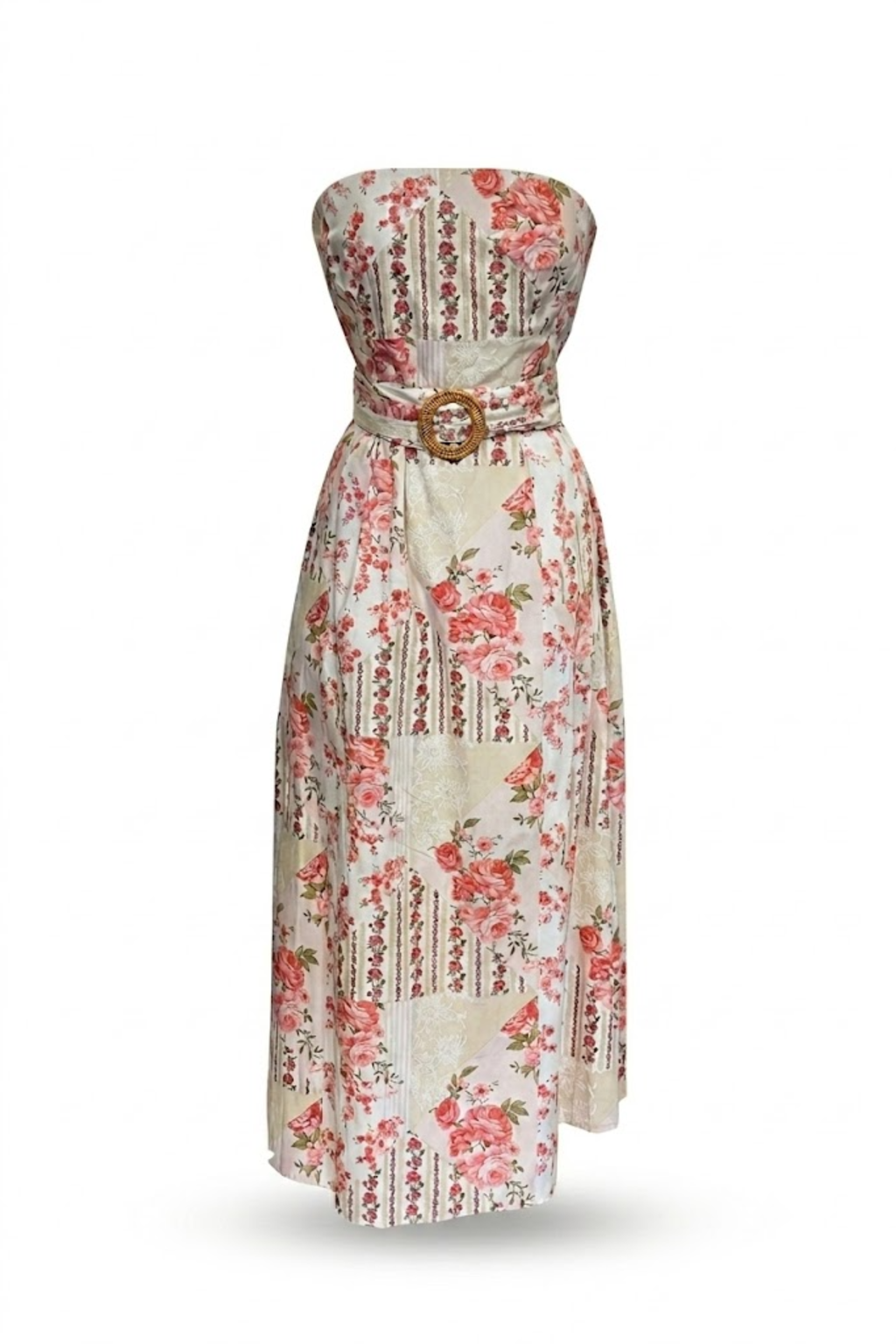 Vestido strapless floreado rosa