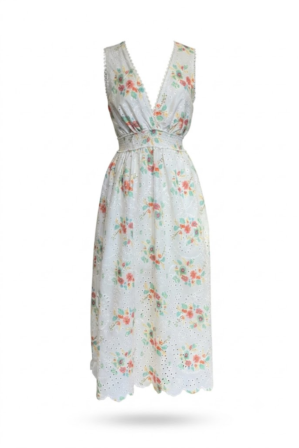 Vestido blanco con flores cuello en V