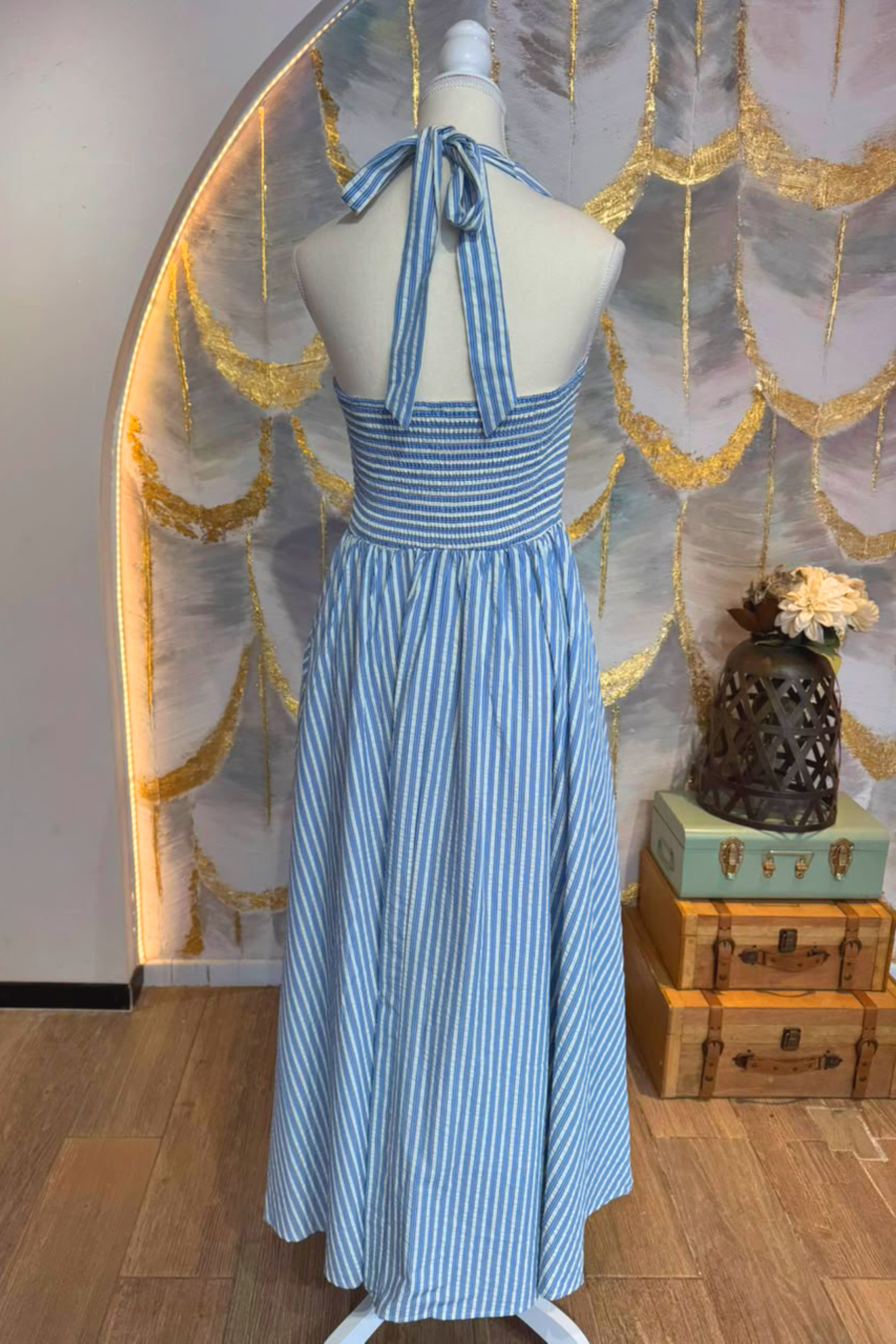 Vestido maxi blanco y azul