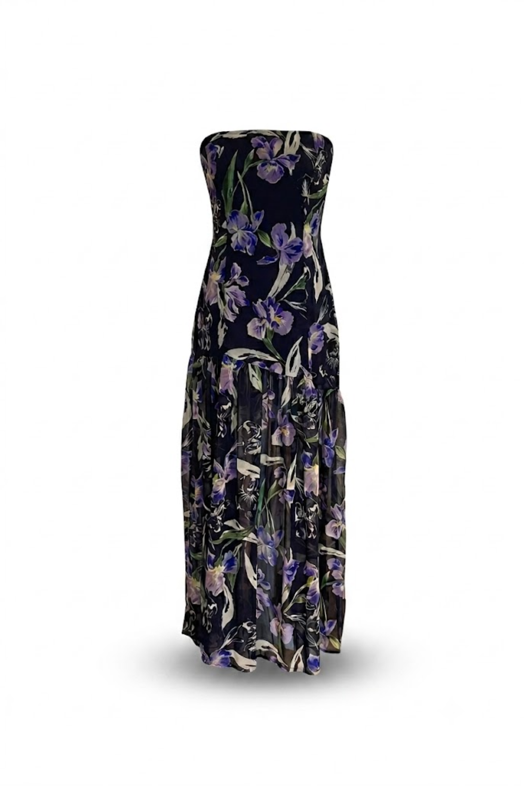 Vestido negro strapless con flores
