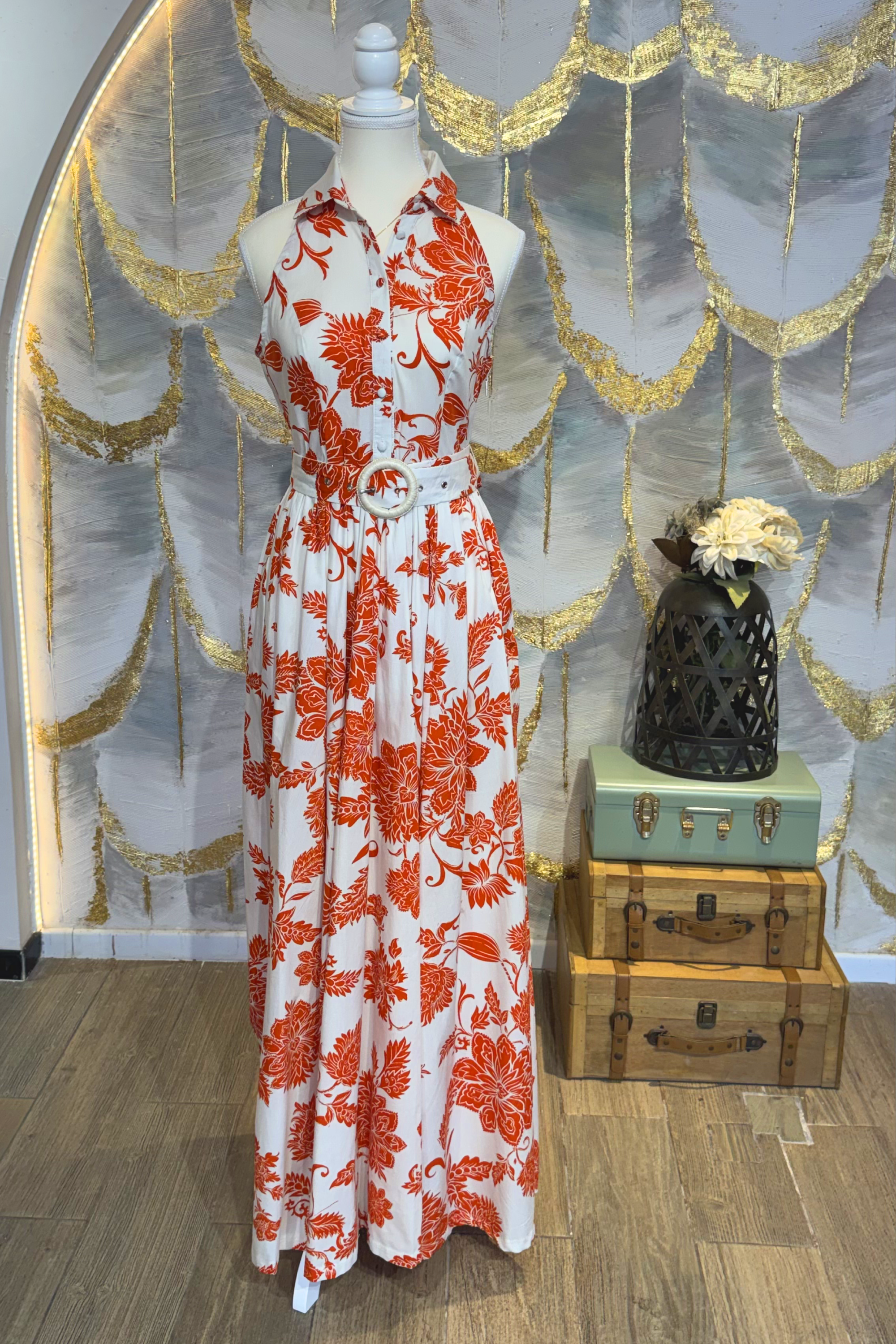 Vestido floral rojo con cuello camisero