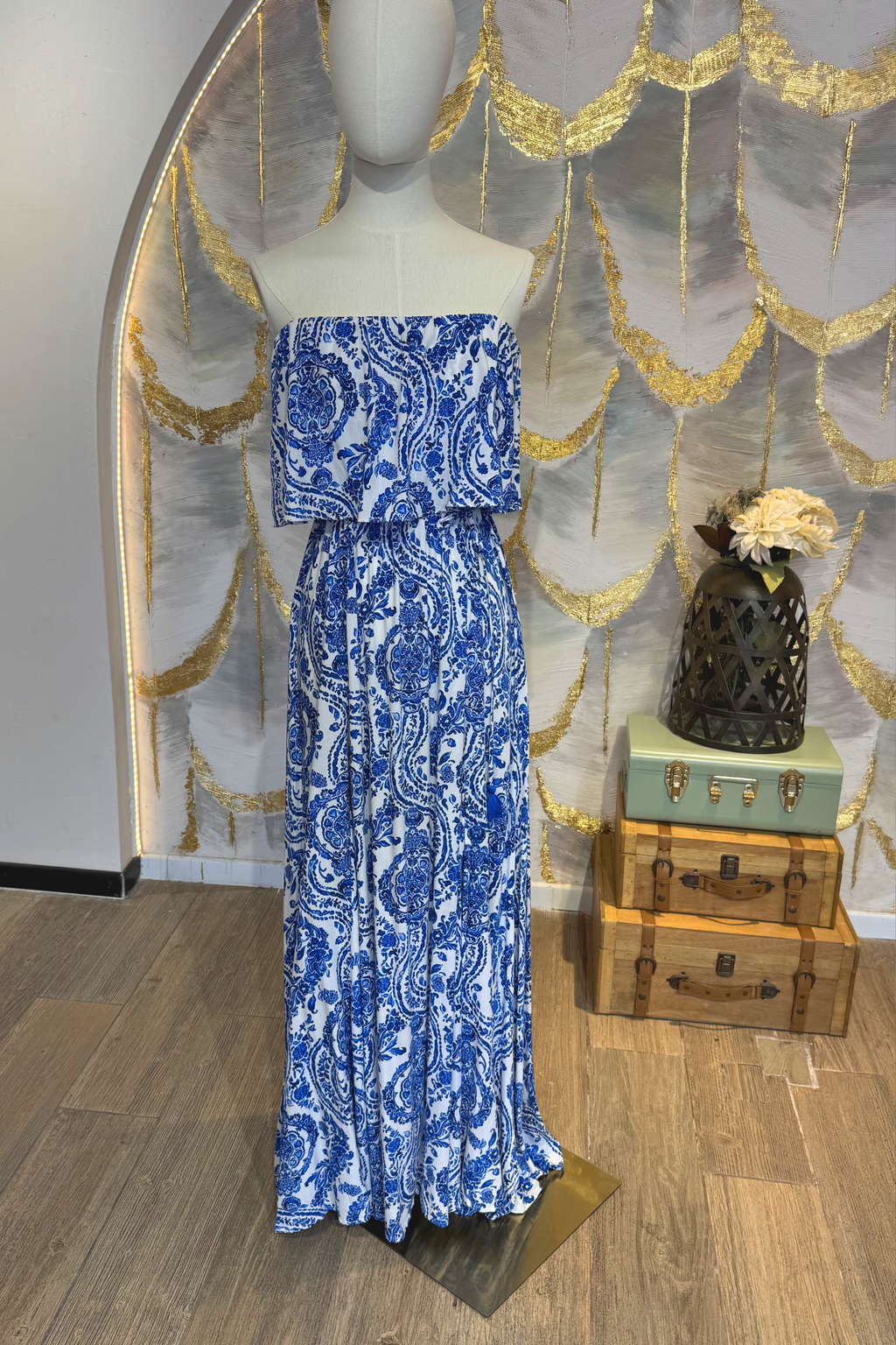 Vestido strapless estampado azul
