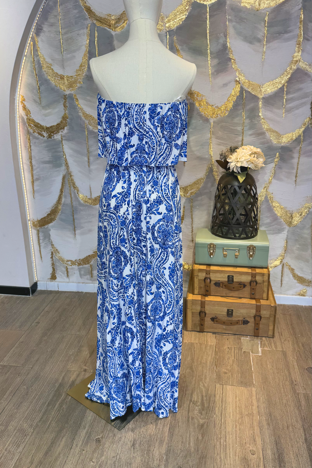 Vestido strapless estampado azul