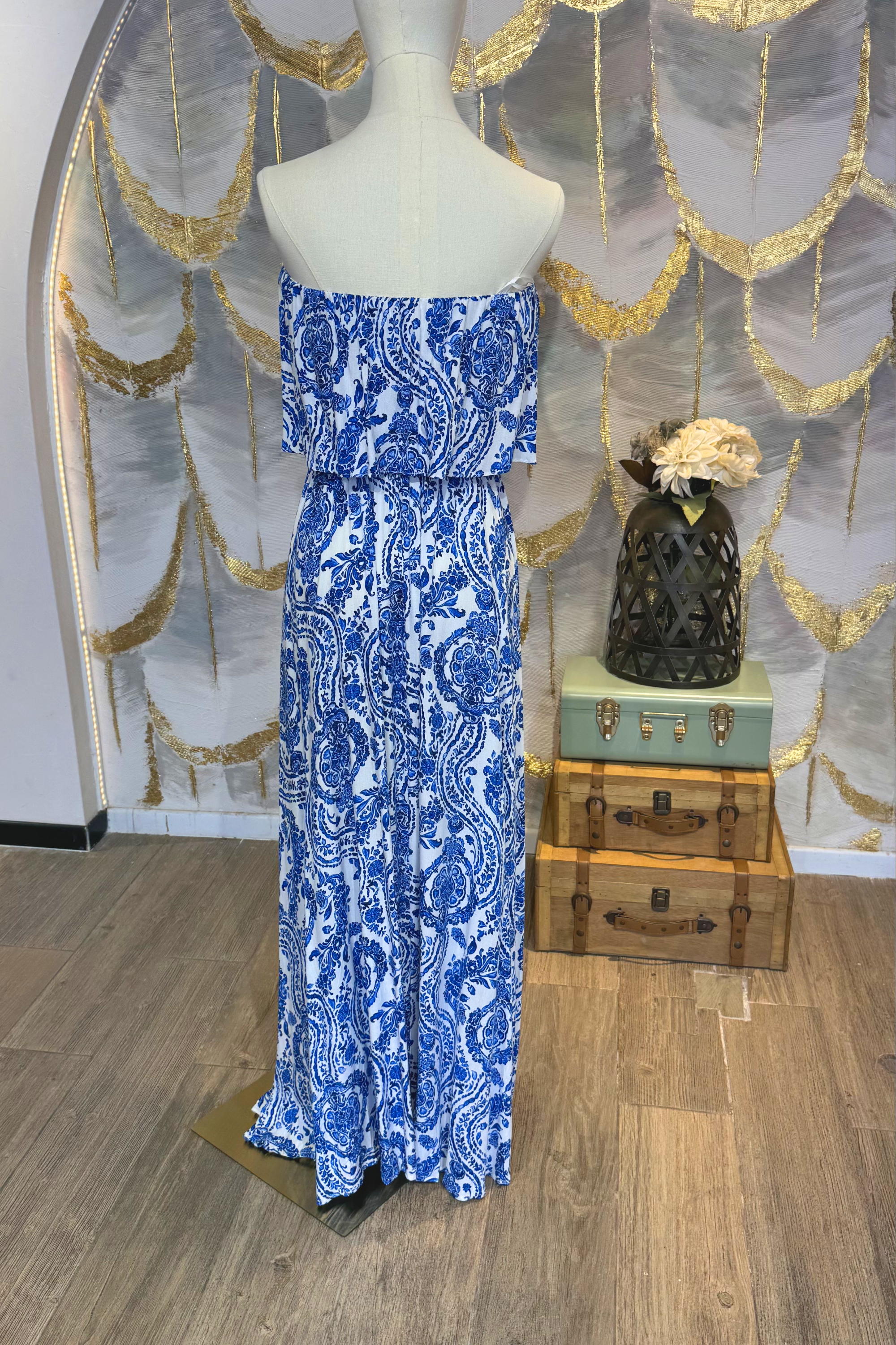 Vestido strapless estampado azul