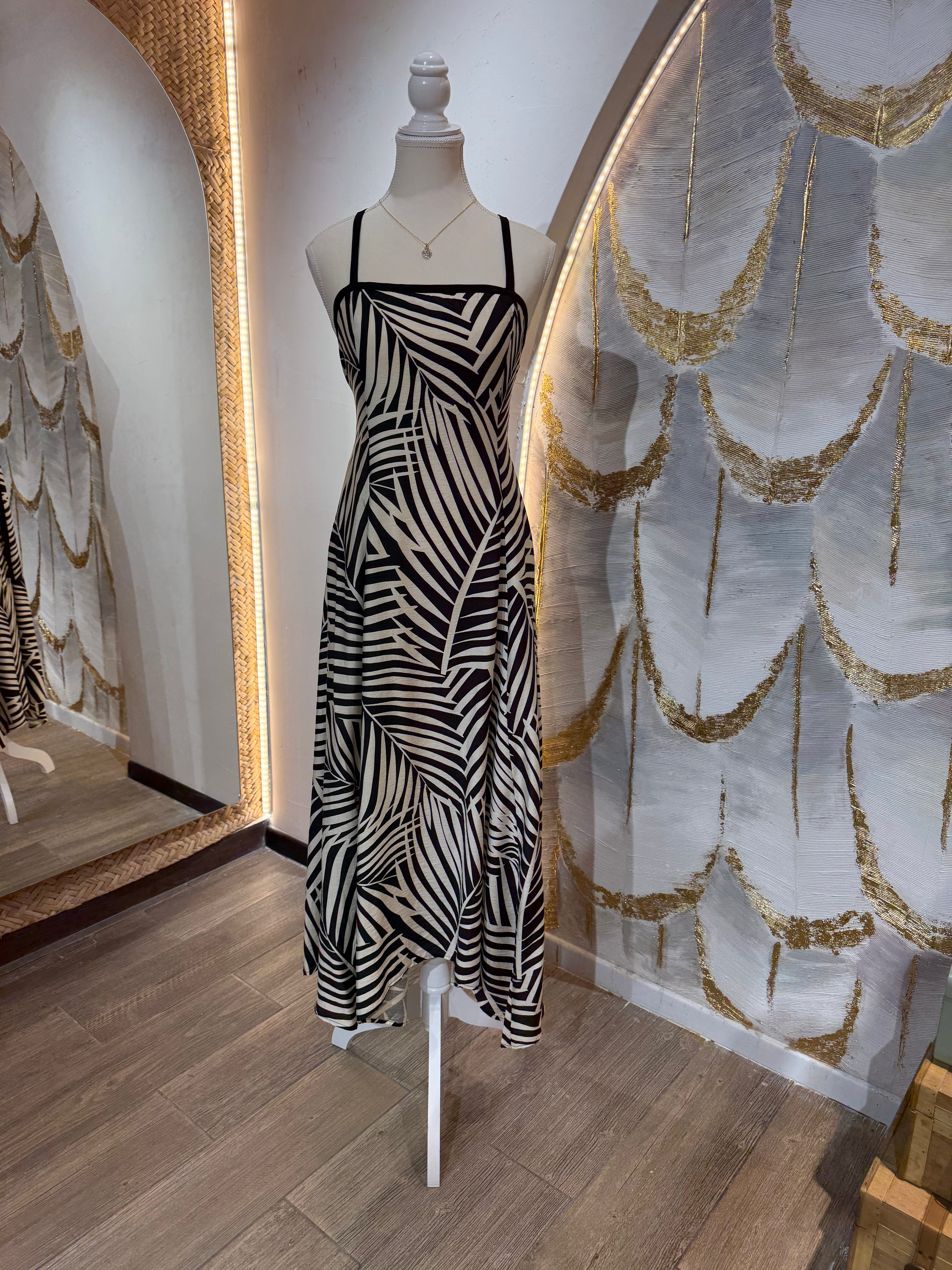 Vestido beige/negro escotes espalda tirantes